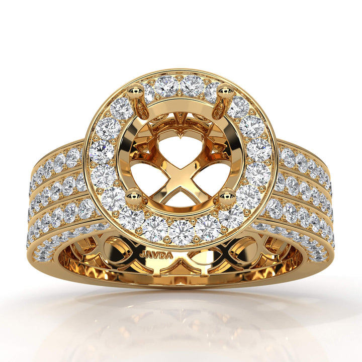 Halo Pave Setting 3 Row Round Semi Mount Diamond Engagement Ring 14k Yellow Gold 1.35 Ct